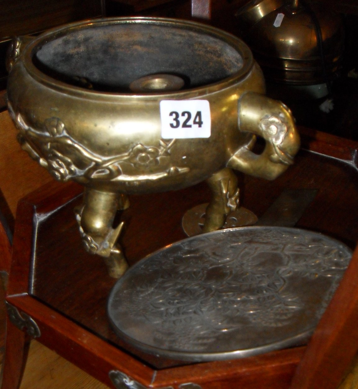 Chinese two-handled bronze censer on tripod legs, and a Japanese burnished steel hand mirror