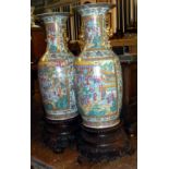 Large impressive pair of 19th c. Chinese Cantonese floor vases on carved hardwood stands, 90cms/35"