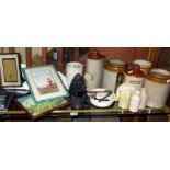 Collection of assorted stoneware jars, jelly mould, water bottles, Fairy prints (Margaret