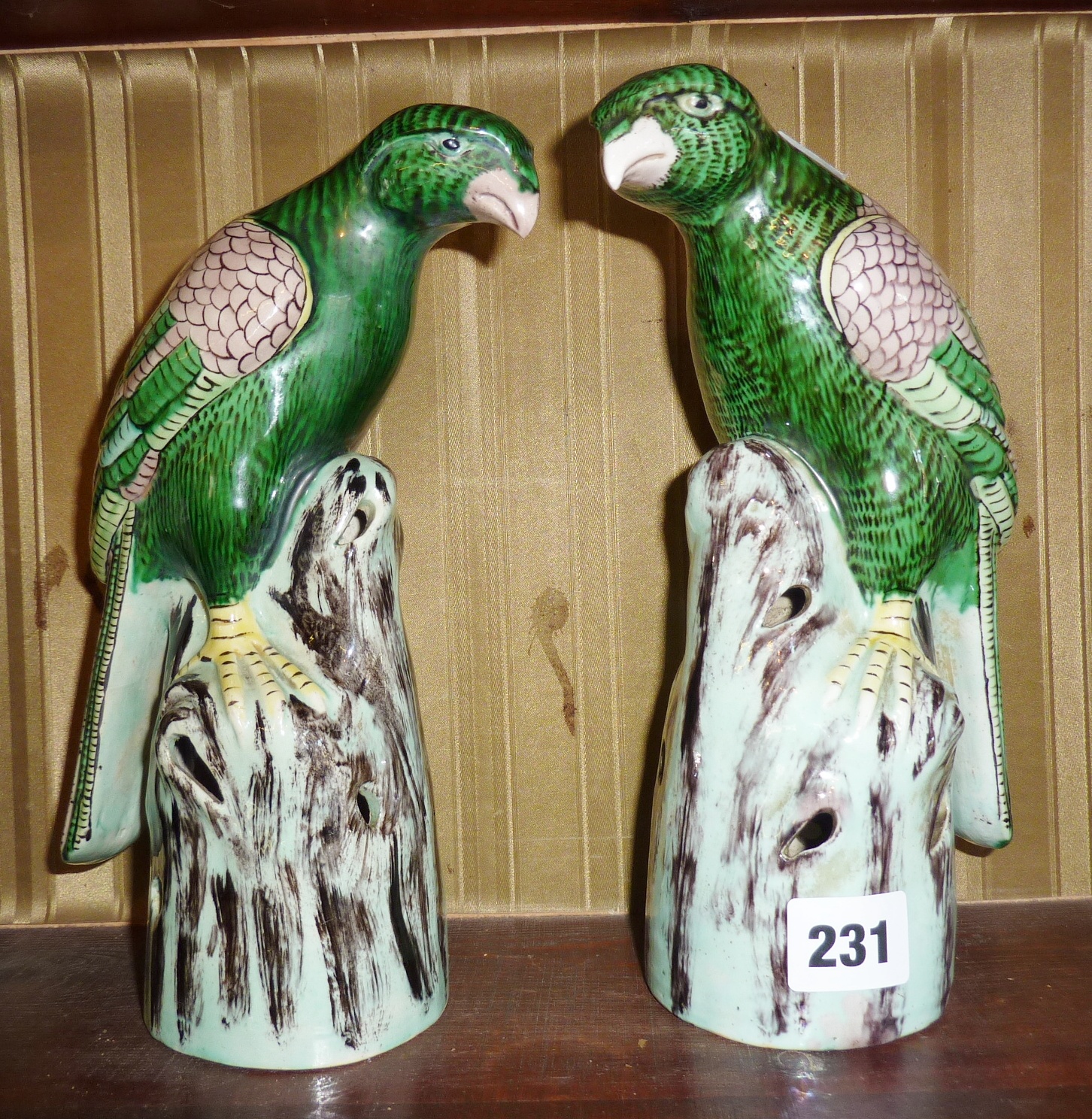 Pair of 20th c Chinese porcelain parrots