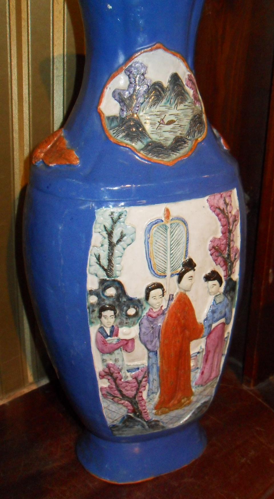 Chinese vase with relief figurative panels and bats on shoulders, incised character marks, (some - Image 2 of 3