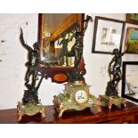 Impressive French marble & ormolu clock garniture having tall spelter figures after Rousseau on top,