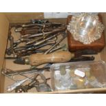 Box of old nutcrackers, letter opener, coins, corkscrew etc