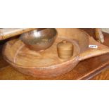 Treen wooden dish and small box, and a Middle Eastern copper bowl