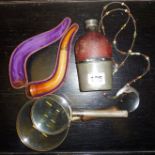 Three magnifying glasses, a leather-cased hip flask and a meerschaum pipe in case