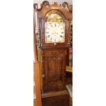 19th c. 8-day longcase clock with painted arch-topped dial, having seconds sweep in cross-banded