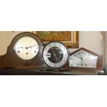 Oak Art Deco mantle clock, Art Deco Smiths clock with chrome base, and another similar by