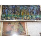 Large Indonesian oil on canvas of a jungle with river (signed 'Loki'), and a print