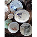 Assorted plates with cat decoration etc, other china, and two boxes of Viners Chelsea steel cutlery
