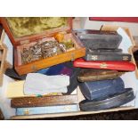 Empty cutlery and jewellery boxes, with a wooden box containing old keys