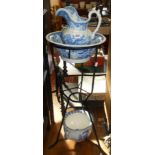Victorian metal washstand with blue & white jug, basin & chamberpot