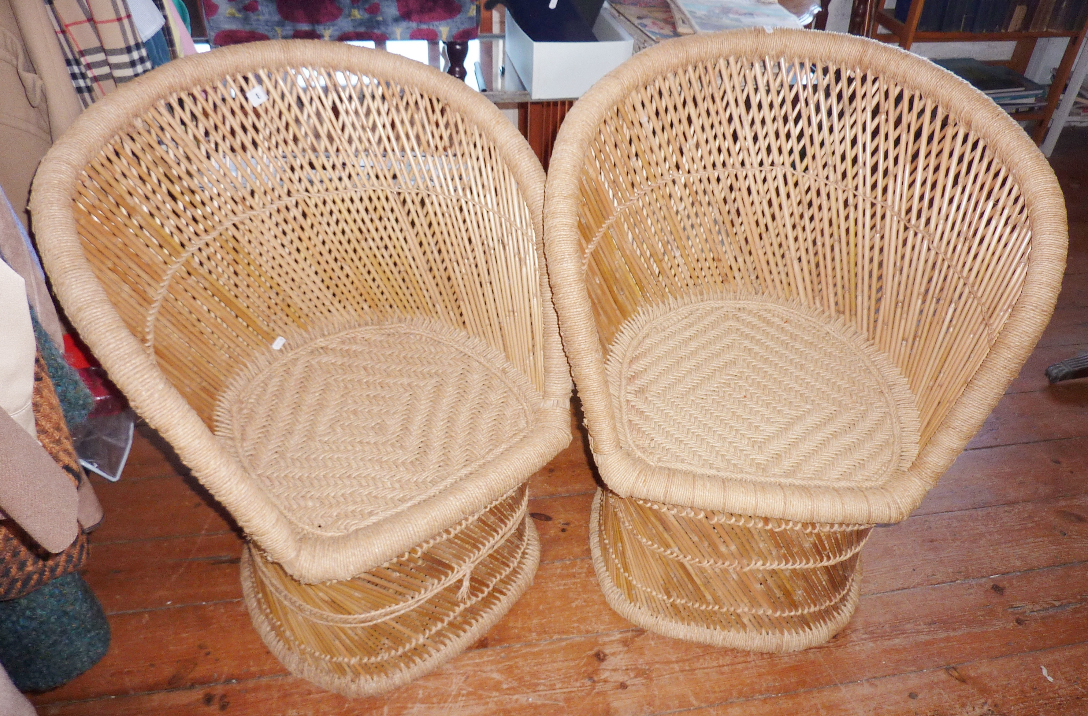 Pair of bamboo tub armchairs with sisal seats