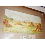 Watercolour of haystacks in a field, signed MURRAY