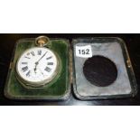 Chrome 8-day Goliath pocket watch in case (working), some chips to enamel dial