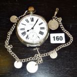 Edwards & Sons Goliath pocket watch with silver double Albert chain and attached silver coins