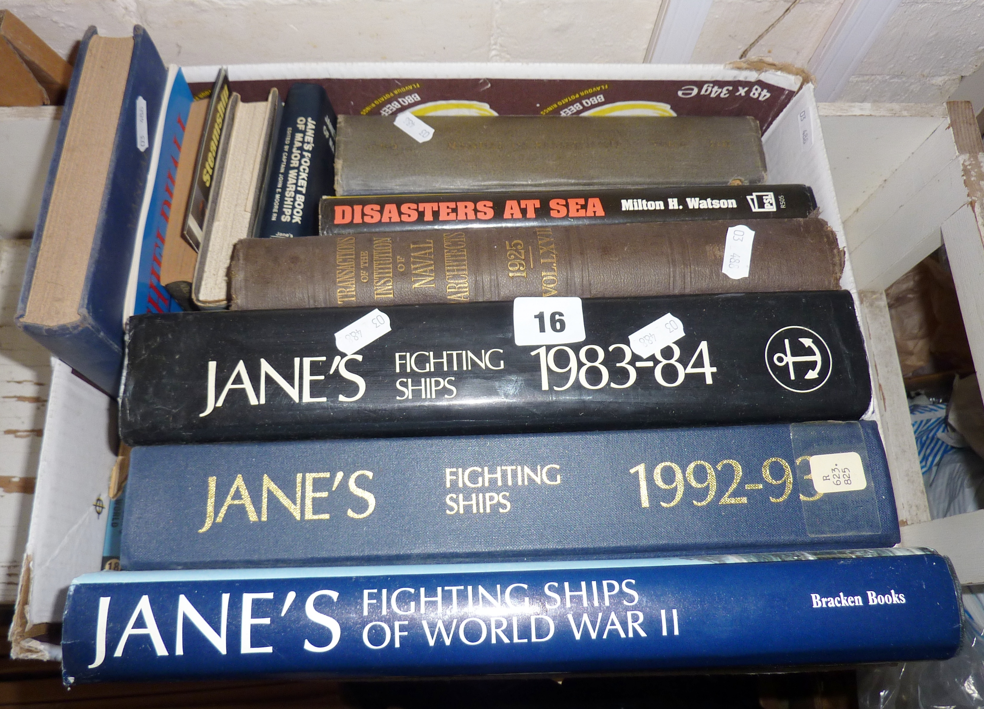 Box of Nautical related books including three volumes of Jane's Fighting Ships and Manuals of