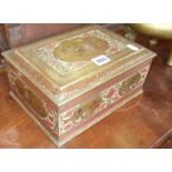 Large Indian brass box with engraved and inlaid scenes of figures and foliate patterns