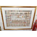 Large Victorian watercolour of "Flags & Vessels of all Nations" depicting naive sketches of ships,