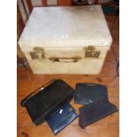 Pigskin leather hatbox with satin lining, and four vintage handbags