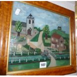 Victorian naive reverse painting on glass of a town scene including "The New Inn" and a church