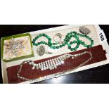 Assorted costume jewellery, a diamante necklace and brooch, malachite necklace etc