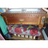 Studded oak footstool with drawer, with another upholstered footstool