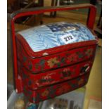 Chinese lacquer three-tier picnic box with inset blue & white china panel