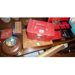 Carved and painted boxes with jewellery case, jewellery box, compact etc