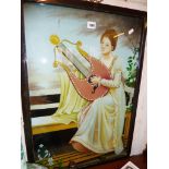 Victorian reverse painting on glass of a lady playing the lyre