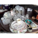 Five various glass decanters, two Poole pottery plates, Masons Ironstone "Christmas Village" tray