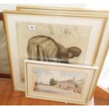 Watercolour by David Oliver of a village street, two Van Gogh prints & another