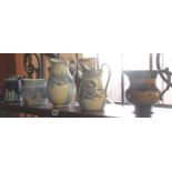 Blue & white jugs x 4 including Copeland Spode & Wedgwood (A/F) and a 19th c. lustre jug (A/F)