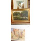 Oil of a riverscape, signed A. Neath, a watercolour of a street scene, and a print