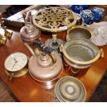 Large Victorian brass & iron trivet, two copper kettles, an Indian brass bowl, and an Eastern copper