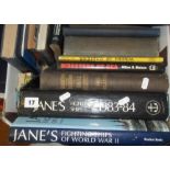 Box of Nautical related books including three volumes of Jane's Fighting Ships and Manuals of