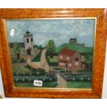 Victorian naive reverse painting on glass of a town scene including "The New Inn" and a church