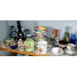 Shelf of china, some Art Deco, Bohemian glass decanter etc (one shelf)