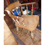 Victorian ash & elm smoker's bow pub elbow chair with turned uprights, legs & stretcher