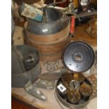 Vintage kitchenwares, tin spice jars in case, sweet moulds, biscuit cutters, sieves, graters etc