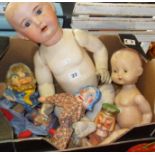 German bisque doll with monogram (A/F), a Roddy doll and some vintage hand puppets