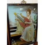 Victorian reverse painting on glass of a lady playing the lyre