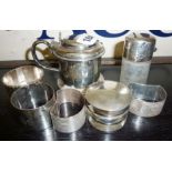 Silver items, large mustard pot with cracked glass liner, silver-topped scent bottle (A/F), silver-