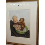 Philip SALMON (VAUGHAN), an unusual watercolour portrait of a baby orang-utan and a small boy having