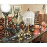 1920s Tiffany-style beaded lamp, an Egyptian-style lamp, iridescent glass light shades, and other