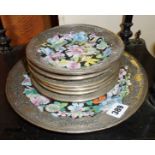 Seven Chinese plates with decorative silver rims and 6 character marks