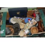 Box of assorted items including cufflinks, butterfly brooch, vintage handbag etc