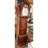 Early 19th c flame mahogany-cased 8-day Grandfather clock with arch-topped dial and galleon
