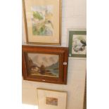 Oil on board of a Swiss scene, two watercolours and a signed coloured print of a 'country garden' by