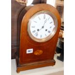 Edwardian inlaid mahogany arch-topped mantle clock with 8-day movement