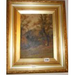 Oil on board of sheep in woodland by P. BUCHANAN, in gilt frame